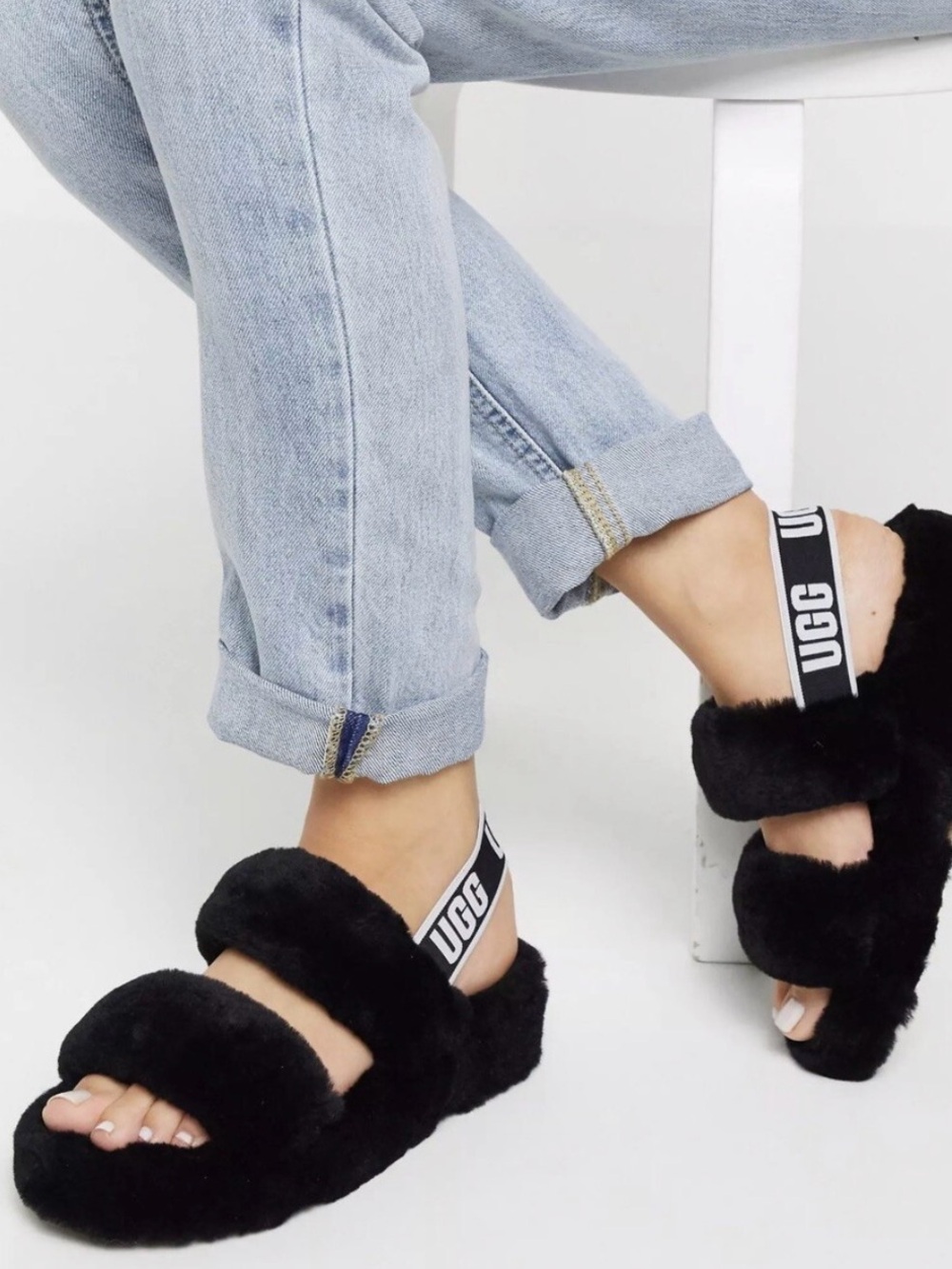 UGG Black Fluff Yeah Slingback Slides - Women's Cozy Faux Fur Sandals 8